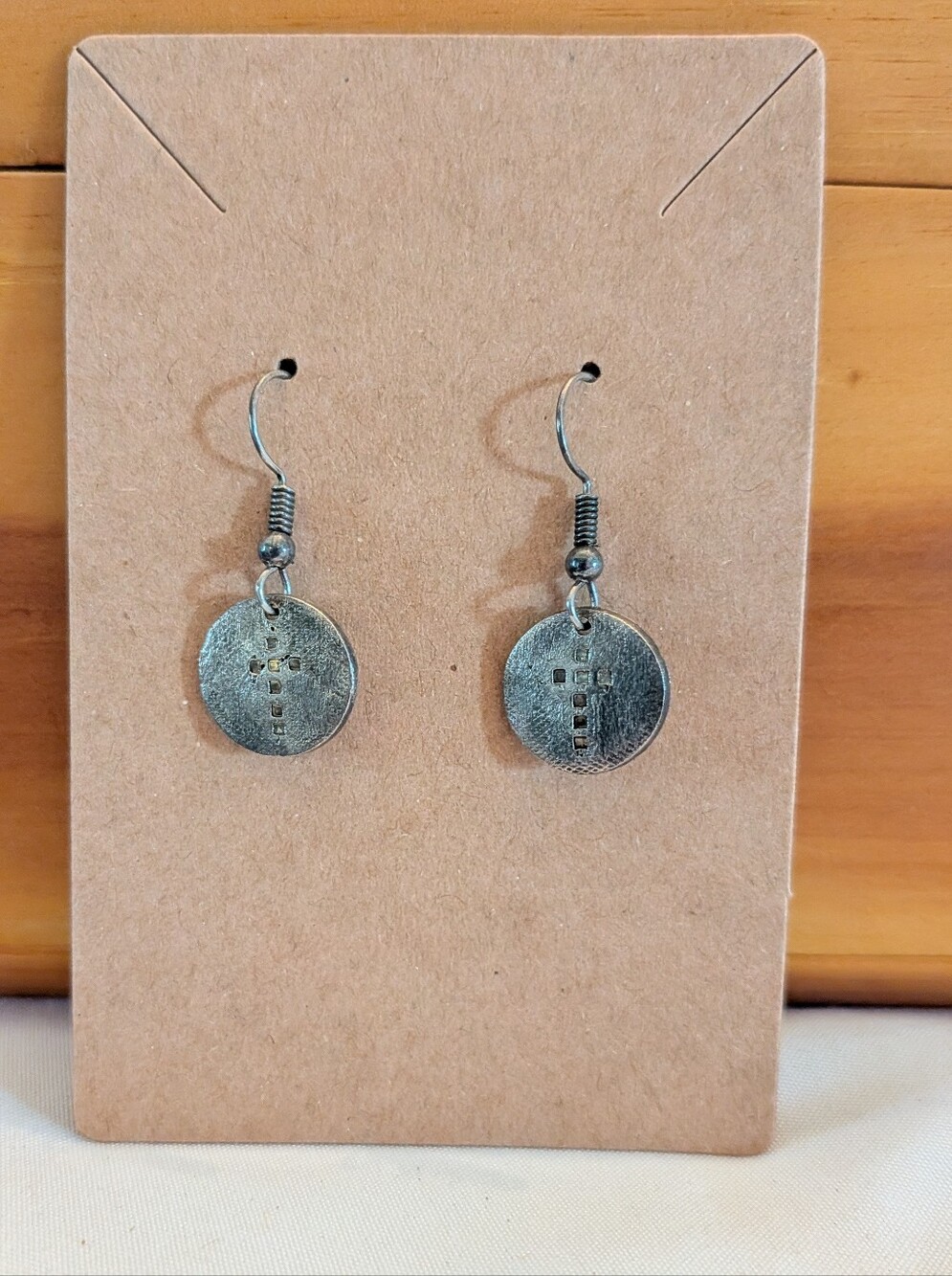 Silver Disc Cross Hook Earrings - Minimal Round Drop Earrings